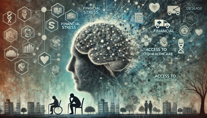DALL·E 2025-03-14 22.48.24 - A conceptual illustration of the impact of social determinants on Alzheimer's disease. The image features a symbolic brain with neural connections fad