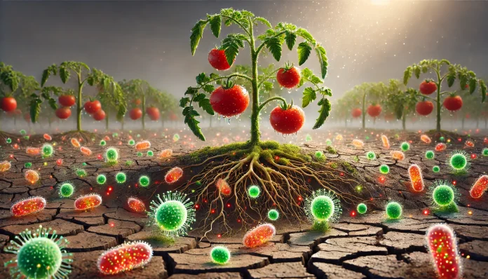 DALL·E 2025-03-14 23.05.34 - A high-definition landscape image depicting a thriving tomato plant under osmotic stress conditions. The plant is supported by beneficial microorganis
