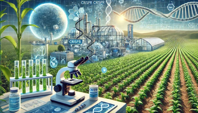 DALL·E 2025-03-14 23.18.32 - A high-definition landscape illustration depicting a futuristic agricultural research lab. The scene features advanced genetic modification tools like