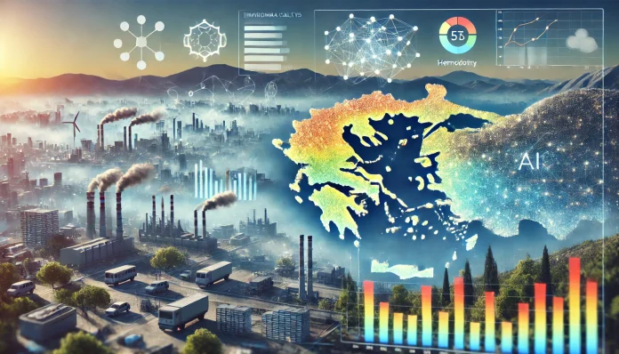 DALL·E 2025-03-18 22.20.17 - A high-definition landscape illustration representing air quality analysis in Greece using AI. The image features a digital map of Greece with color-c