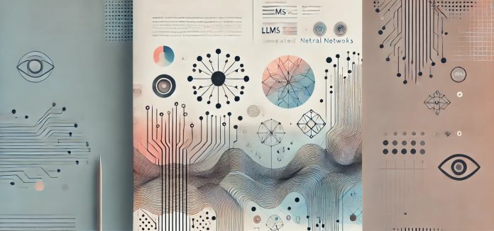 DALL·E 2025-03-23 23.05.59 - An abstract cover page design for a research study on sentiment analysis using LLMs versus dedicated neural networks. The design features a minimalist